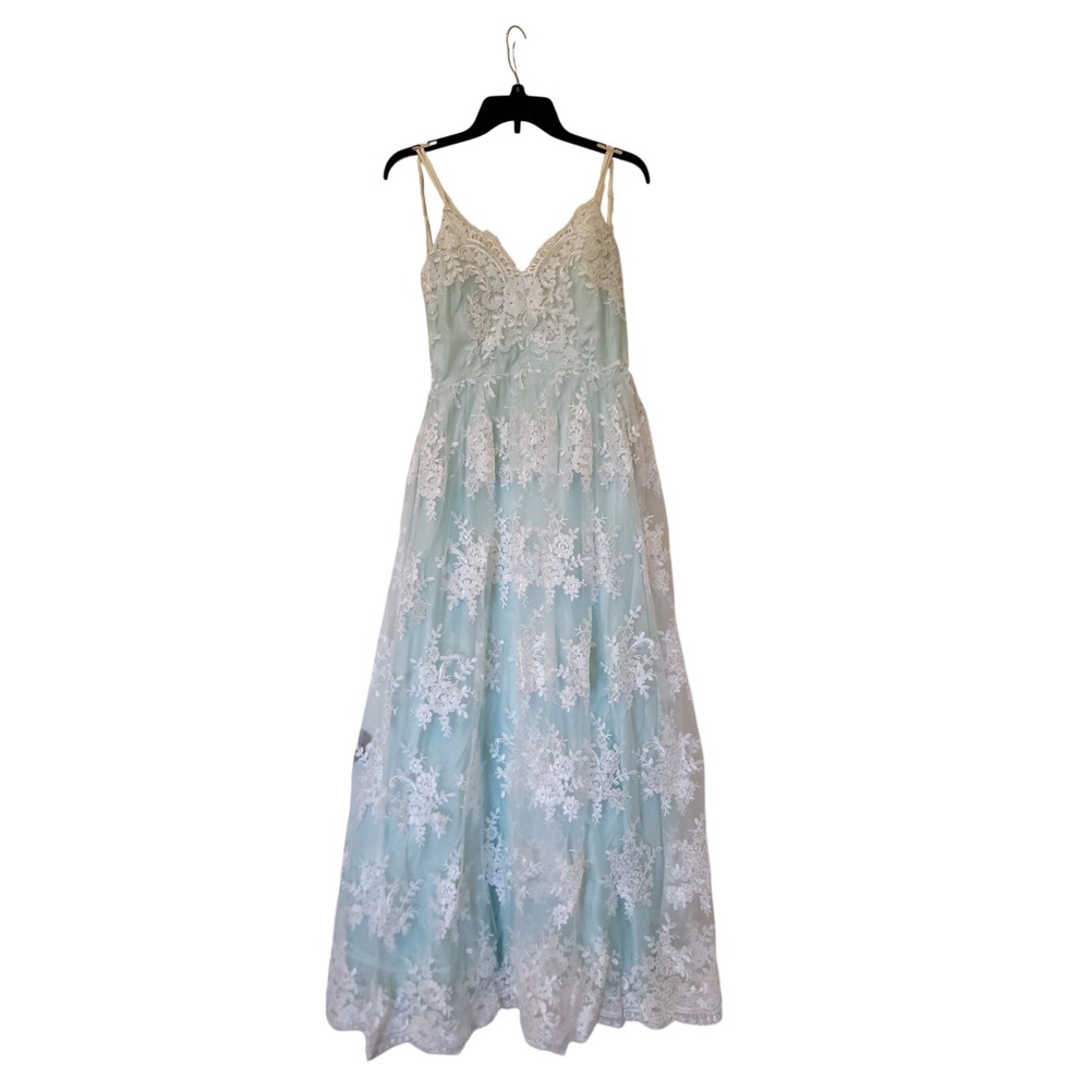 Say Yes to the Prom Mint Green Floral Lace Maxi Dress Gown Open Back 13/14 NEW